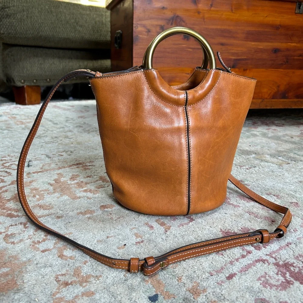 J.Crew Bucket Bag Womens Small Brown Solid Leather Ring Handle Crossbody H0515